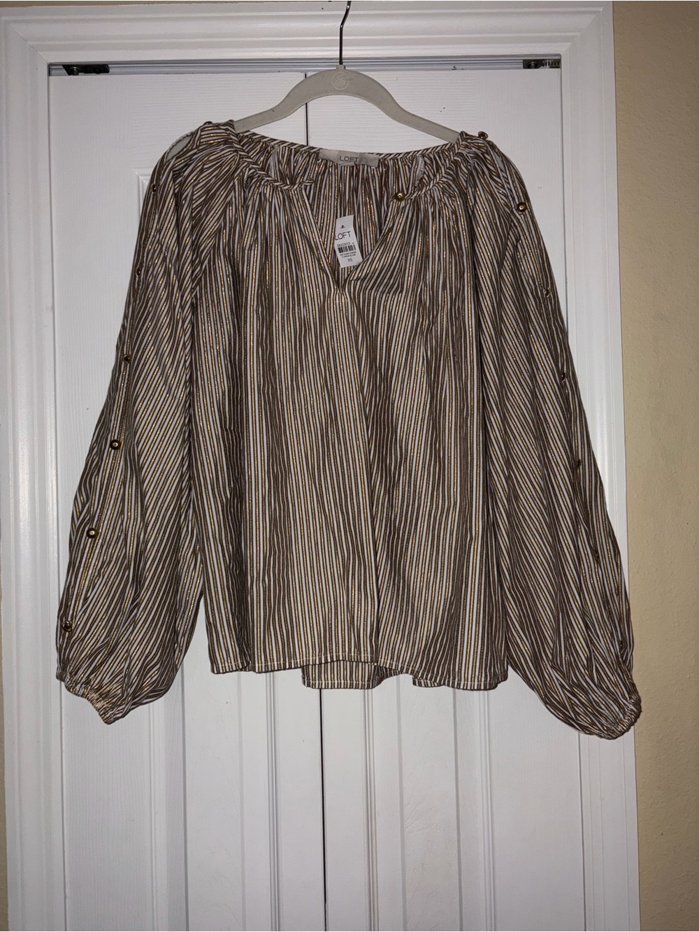 LOFT Shimmer Striped Button Sleeve Blouse XS NWT